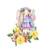 Composition of doll Tilda in dress and dahlia flowers. png