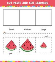 Learning sizes Cut and Paste easy activity worksheet game for children with watermelon vector