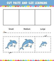 aprendizaje tamaños cortar y pegar fácil actividad hoja de cálculo juego para niños con linda animal vector