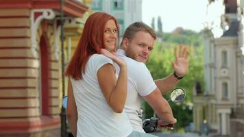 Rear view couple riding on moped video