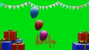 3D Rendered birthday celebration with background green screen, birthday with Happy Birthday Text with birthday gifts and decoration video