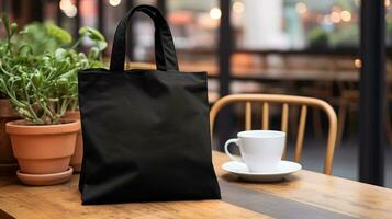 AI generated Generative AI, Realistic black tote canvas fabric bag set-up in at cafe, coffee shop interior, mock up blank. photo