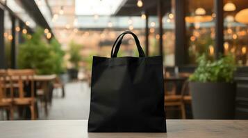 AI generated Generative AI, Realistic black tote canvas fabric bag set-up in at cafe, coffee shop interior, mock up blank. photo