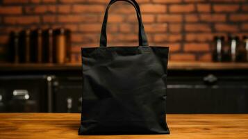 AI generated Generative AI, Realistic black tote canvas fabric bag set-up in at cafe, coffee shop interior, mock up blank. photo