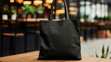 AI generated Generative AI, Realistic black tote canvas fabric bag set-up in at cafe, coffee shop interior, mock up blank. photo