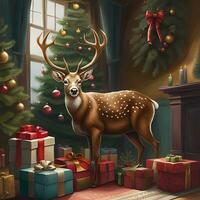 AI generated Deer With Christmas Tree And Presents In Home photo