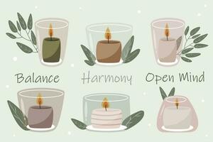 Set of yoga candles of different colors and shapes with plants and leaves. Harmony and open mind inscription vector