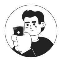 Hispanic young adult guy looking at phone black and white 2D vector avatar illustration. Holding mobile latino male outline cartoon character face isolated. Social media user flat portrait