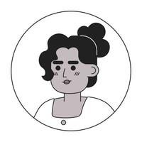 African-american curly hair woman relaxed smiling black and white 2D vector avatar illustration. Posing black young adult outline cartoon character face isolated. Positive headshot flat portrait