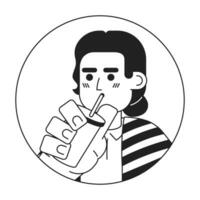 Serape mexican man drinking through straw black and white 2D vector avatar illustration. Holding coffee takeaway latino male outline cartoon character face isolated. Mexican identity flat portrait