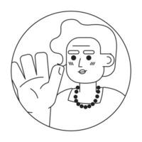 Senior mexican lady saying hi hello black and white 2D vector avatar illustration. Goodbye happy elderly latina outline cartoon character face isolated. Non verbal acknowledge flat portrait