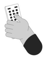 Holding tv remote control cartoon human hand outline illustration. Program switch on television 2D isolated black and white vector image. Changing channels device flat monochromatic drawing clip art