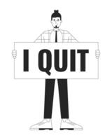 Decision to quit job black and white 2D illustration concept. Caucasian adult man employee leaving cartoon outline character isolated on white. Change career path metaphor monochrome vector art