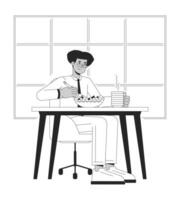 Eating healthy lunch at work black and white cartoon flat illustration. Latino millennial employee on break 2D lineart character isolated. Boost job productivity monochrome scene vector outline image