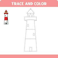 Trace and color educational worksheet for kids. Tracing light house. Activity color pages vector