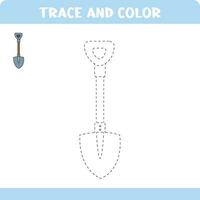 Trace and color educational worksheet for kids. Tracing shovel. Activity color pages vector