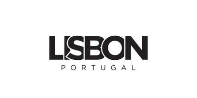 Lisbon in the Portugal emblem. The design features a geometric style, vector illustration with bold typography in a modern font. The graphic slogan lettering.