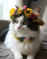 AI generated Cat with a wreath of flowers on her head and a green eyes photo