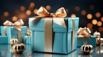 Gift box with satin ribbon and bow on blue background with copy space Generative AI photo