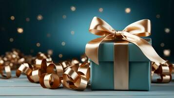 Gift box with satin ribbon and bow on blue background with copy space Generative AI photo