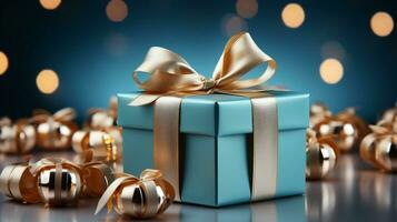 Gift box with satin ribbon and bow on blue background with copy space Generative AI photo