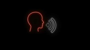 voz reconhecimento tecnologia. falando pessoa. discurso ao controle. néon luz boca som animado em Preto fundo video
