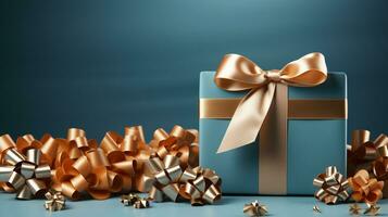 Gift box with satin ribbon and bow on blue background with copy space Generative AI photo