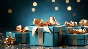 Gift box with satin ribbon and bow on blue background with copy space Generative AI photo
