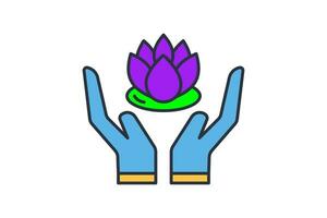 hand holding lotus icon. icon related to meditation, wellness, spa. flat line icon style. simple vector design editable