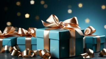 Gift box with satin ribbon and bow on blue background with copy space Generative AI photo