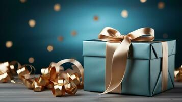 Gift box with satin ribbon and bow on blue background with copy space Generative AI photo