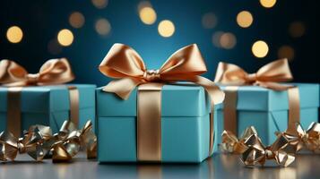 Gift box with satin ribbon and bow on blue background with copy space Generative AI photo