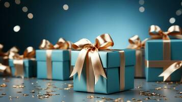 Gift box with satin ribbon and bow on blue background with copy space Generative AI photo