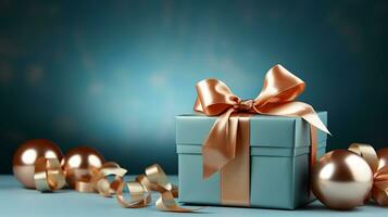 Gift box with satin ribbon and bow on blue background with copy space Generative AI photo