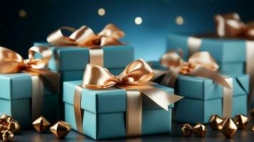 Gift box with satin ribbon and bow on blue background with copy space Generative AI photo