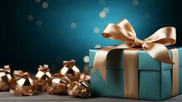 Gift box with satin ribbon and bow on blue background with copy space Generative AI photo