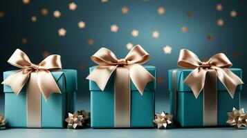 Gift box with satin ribbon and bow on blue background with copy space Generative AI photo