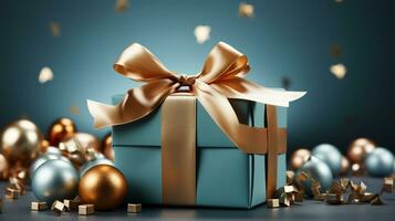 Gift box with satin ribbon and bow on blue background with copy space Generative AI photo