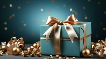 Gift box with satin ribbon and bow on blue background with copy space Generative AI photo