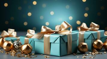 Gift box with satin ribbon and bow on blue background with copy space Generative AI photo