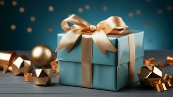 Gift box with satin ribbon and bow on blue background with copy space Generative AI photo