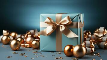 Gift box with satin ribbon and bow on blue background with copy space Generative AI photo