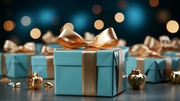 Gift box with satin ribbon and bow on blue background with copy space Generative AI photo