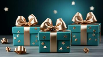 Gift box with satin ribbon and bow on blue background with copy space Generative AI photo