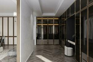 A closet behind the TV panel partition in the modern bedroom. photo