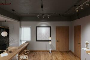 Interior of studio apartment, hardwood floor, Concert ceiling with lights. photo