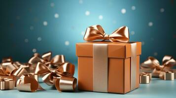 Gift box with satin ribbon and bow on blue background with copy space Generative AI photo