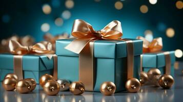 Gift box with satin ribbon and bow on blue background with copy space Generative AI photo