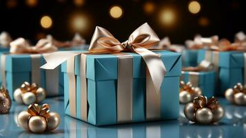 Gift box with satin ribbon and bow on blue background with copy space Generative AI photo