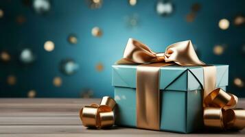 Gift box with satin ribbon and bow on blue background with copy space Generative AI photo